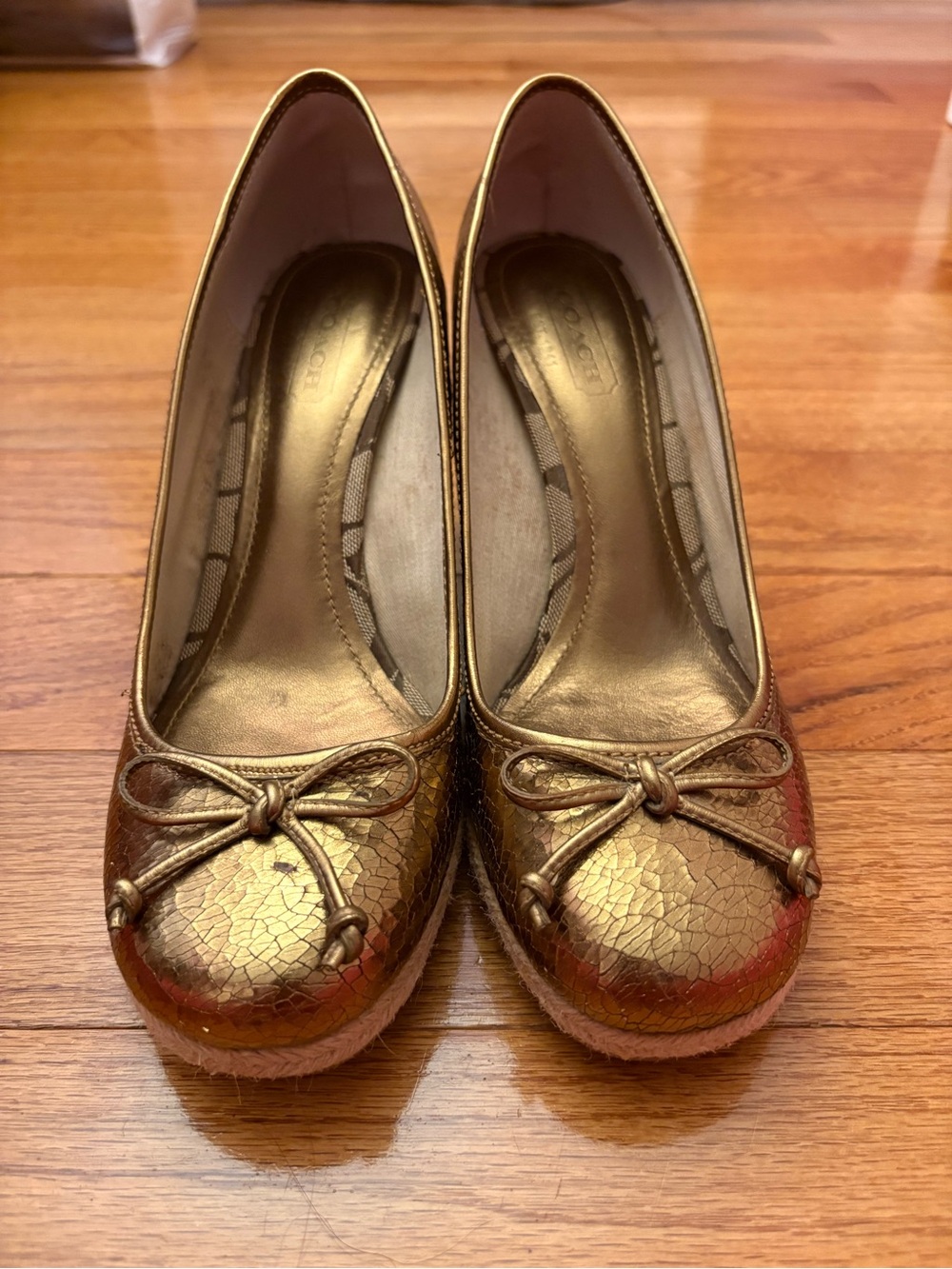 Coach Gold Wedge Heels With Bow